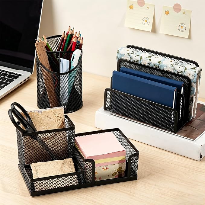 3PCS Metal Office Supply Desk Organizer Mesh Pen Holder with 3 Compartments Round Black Pencil Holder Mesh Mail Organizer Bill/Letter Organizer Desk Organizers for Office Home School