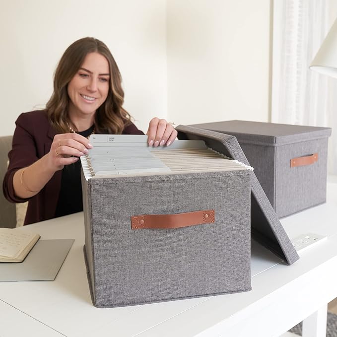 Decorative File Organizer Box Set of 2 - Collapsible Linen Filing Cabinets with Handles Are Perfect to Store All Your Documents & Hanging File Folders - Portable Easy Slide Office Crates with Lid