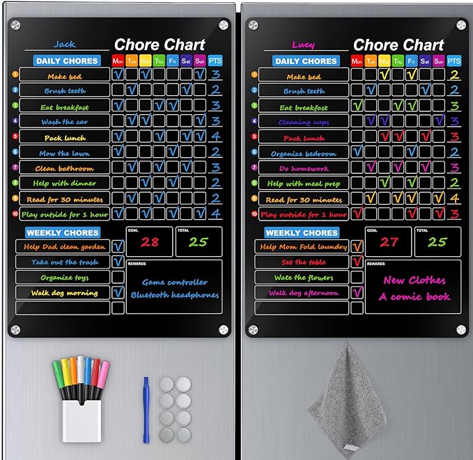 2-Pack Acrylic Magnetic Chore Chart for Kids, 12"x16" Daily/Weekly Easy-Check Reward Responsibility to Do List, Fridge Dry Erase Board for Multiple Kids Teens Adult Family with 7 Markers