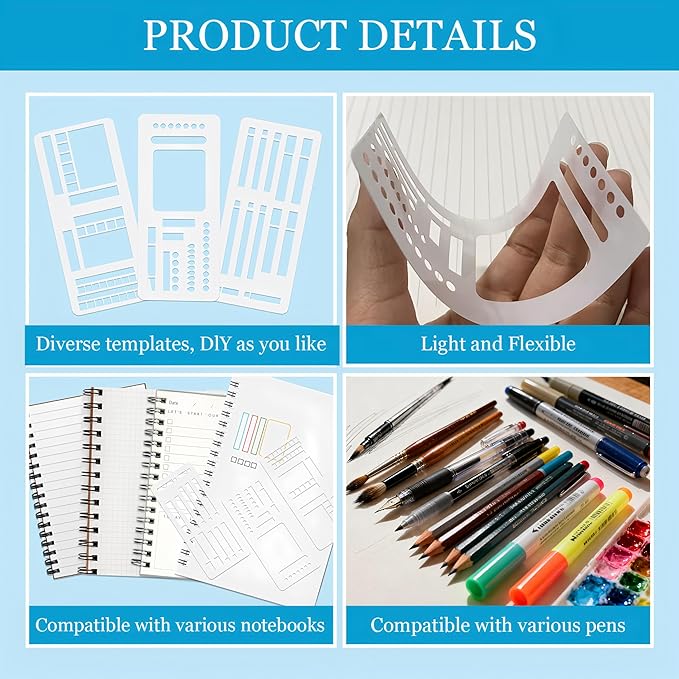 Handmade Flexible Record Template,3 Pack Planner Stencil Set for Dot Grid,Drawing,Checklists,Boxes,Lines&Daily Planning,Reusable Templates Kit for Journaling,Calendar,Scrapbooking&DIY Crafts Supplies