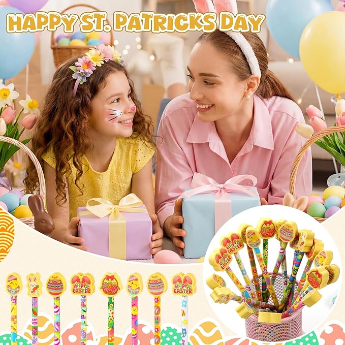 Gersoniel 36 Pcs Easter Pencils Set 18 Bunny Pencils 18 Happy Easter Erasers for Kids Student Classroom Rewards Basket Stuffers Party Favors School Gift Exchange Goodie Bags Filler Stationery
