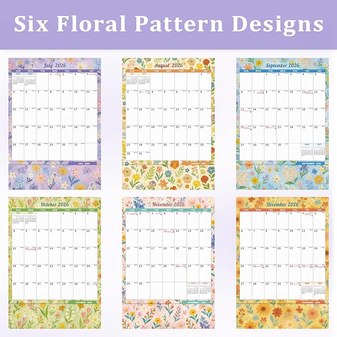 Ospelelf Wall Calendar 2026-2027 with Storage Pocket, 17" X 12" Monthly Large Planner Pad with Protective Cover and Stickers, for Family Fridge Office Teacher Student, January 2026 to June 2027 Artistic Floral