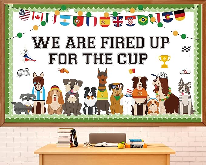 World Soccer Pet Dog Bulletin Board Set Puppy Classroom Decoration World Soccer Cup Cute Dog Bulletin Board Team Spirit Sport Cutouts for School Home Classroom Nursery Chalkboard Wall Decor