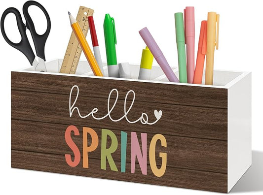 Hello Spring Decor Pen Holder Organizer, Spring Seasonal Desk Decor, Rustic Farmhouse Wooden Pen Pencil Holders for Home Room Office Garden Desk Accessories