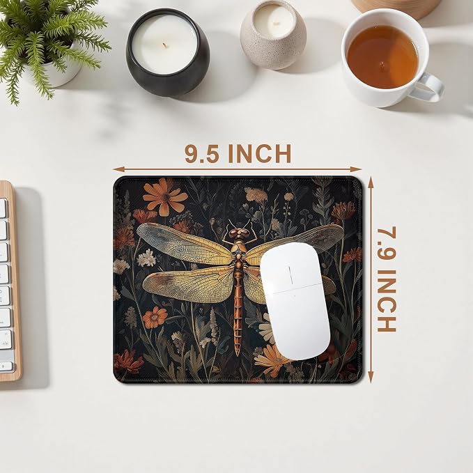 Moody Dragonfly Mouse Pad，Cottagecore Botanical Dragonfly Mouse Pad for Home Office Computer Gaming Desk Essentials, 9.5x7.9 Inch