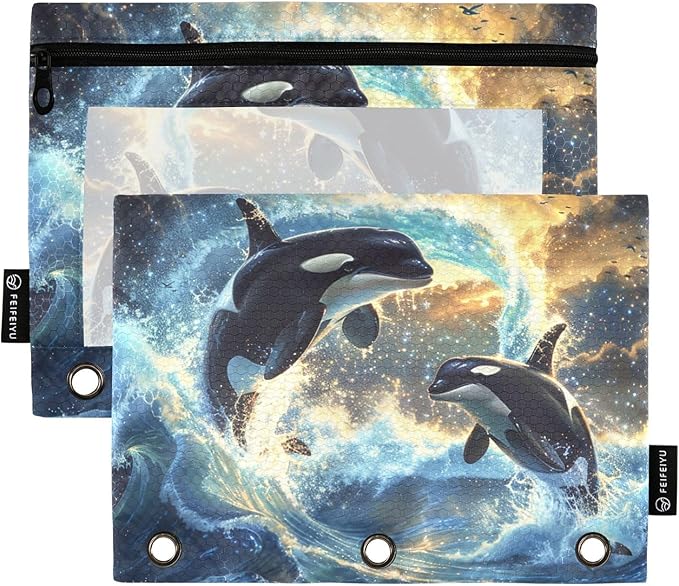 2 Pack 3 Ring Binder Pencil Pouch Dolphin Pencil Case Pencil Bags with Zipper, Clear PVC Binder Pockets for Office Daily Supplies
