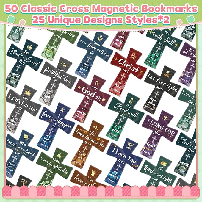 50Pack Magnetic Bookmarks Bulk Cross Bible Bookmark Christian Bookmarks for Women Men Kids Adults Teacher Book Lovers Gifts, Book Marks for Reading Religious Verses Magnet Bookmark Clips (Vintage)