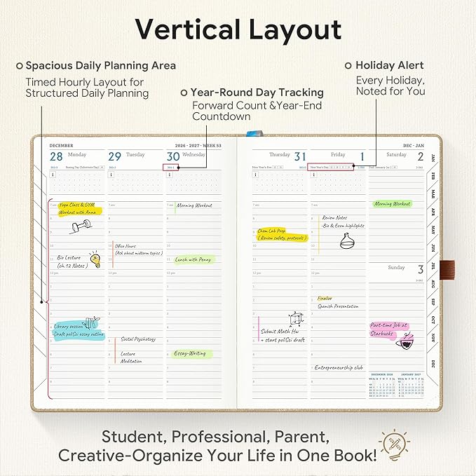 Planner 2026-2027 Weekly & Monthly Planner with Hourly Time Slots, 18 Month Academic Calendar July 2026 – Dec 2027, Vertical Layout, Monthly Tabs, Textured Fabric Hardcover, Khaki