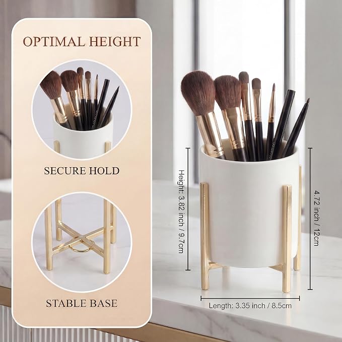 Ceramic Pen Holder for Desk, Durable Ceramic Pencil Cup Holder for Womens Girls, Makeup Cup for Brushes, with 4 Legs Metal Frame