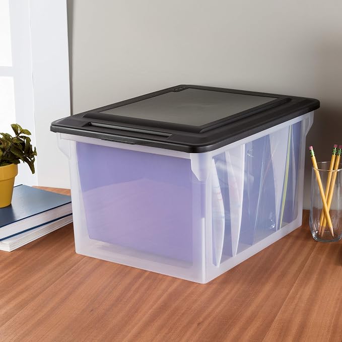 Sterilite 4-Pack File Box, Clear Storage Tote with Black Lid for Letter & Legal Hanging Folders - Stackable Plastic Document and Paper Organizer for Home, Office, and Dorm Organization