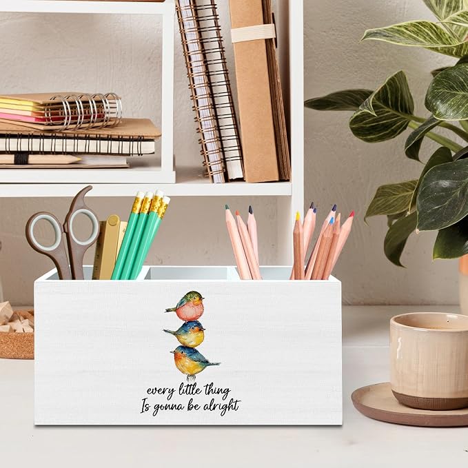 DILSJ Inspirational Bird Pen Pencil Holder Organizer for Desk, Inspirational Gifts for Women, Every Little Thing is Gonna Be Alright Wooden Box Signs for Home Office Desk Tabletop Decoration