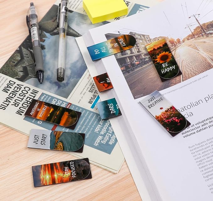 Magnetic Bookmarks, 46PCS Inspirational Slogan Nature Scenery Pattern Bookmarks, Encourage Yourself Book Mark for Book Lovers, Women, Man, Kids, Students, Teachers, School, Home(2.4 x 1 inch)