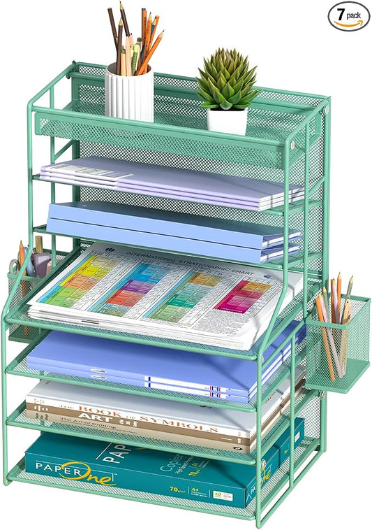 Green 7 Tier Office File Organizer, Letter Tray Paper Organizer with Pen Holder and Metal Hanging Basket, Vertical Desktop File Holder for Home Office Organization
