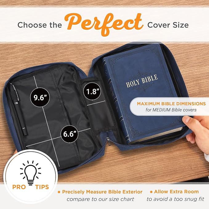 Christian Art Gifts Polyester Bible Cover for Men & Women w/Jesus Fish Patch, Zipper Pocket, Pen Loops, Easy Carry Book Case for Stationery, Accessories, Navy Blue, Medium