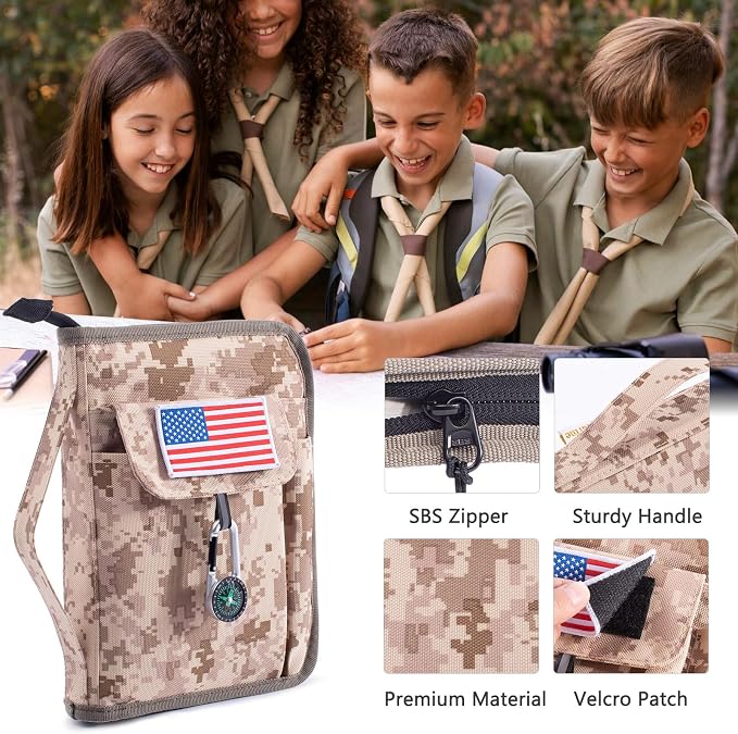 Handbook Book Cover Compatible with BoyScoouts Handbook with Amercan Flag Patch and Compass - Book Sleeve - Handbook Protector for Boys Girls