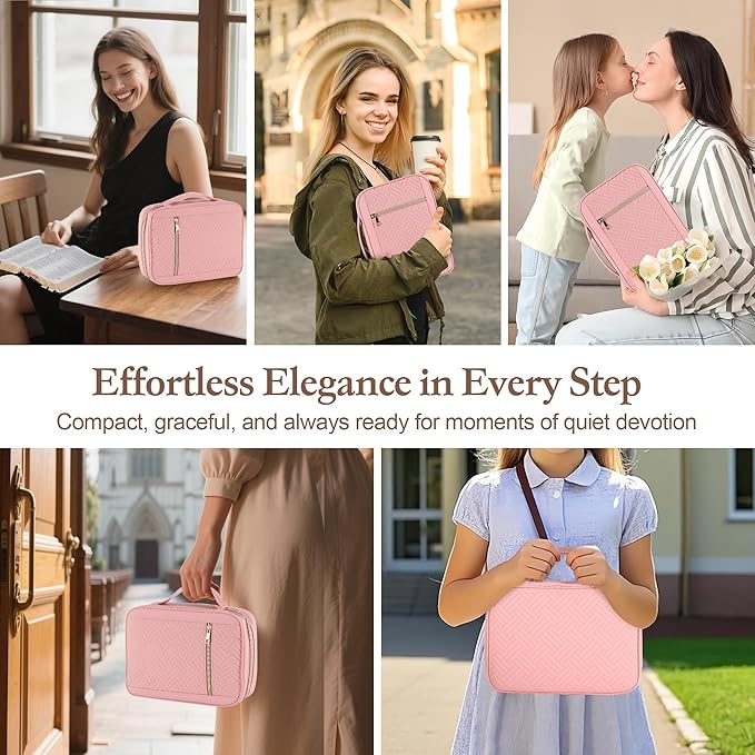 Durable and Protective Bible Cover Case for Women,Portable Bible Carrier Organizer Bag with Zipper,Christian Gift for Women,Includes 15 Magnetic Bookmarks,Great for Church,Travel or Daily Use, Pink