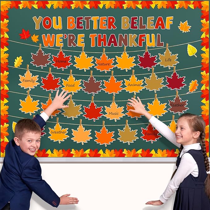 Pajean Thanksgiving Bulletin Board You Better Be Leaf We're Thankful Cutouts Fall Classroom Decor with Wooden Clips Rope for Autumn School Home Chalkboard Wall Window Door Decor