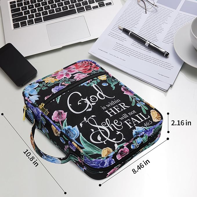 Bible Cover for Women, Bible Holder, Bible Cover Carrier Carrying Organizer Bag, God is Within Her She Will Not Fall, Zipper and Pockets for Standard Size Bible, Gift for Women（Chalk Drawing）