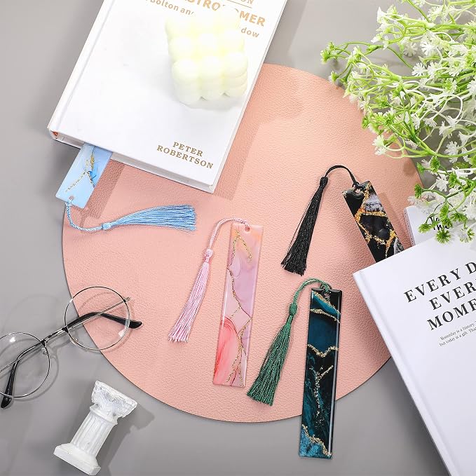 4 Pieces Glittering Dried Flowers Resin Bookmarks Handmade Transparent Page Marker with Tassel for Adults Students School, Office, Home Supplies, Graduation Gifts(Gilding Style)