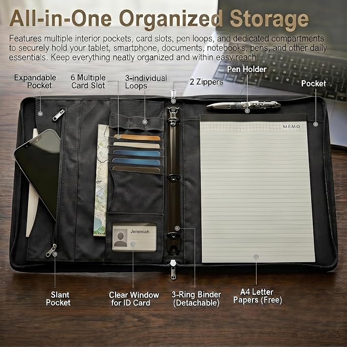Tactical Notebook Cover, A4 Padfolio with Detachable 3-Ring Ring Binder, Multi-Pocket Organizer & Hand Strap, Zippered Hardcase Planner (Black, A4(13.8 x 12 inches))