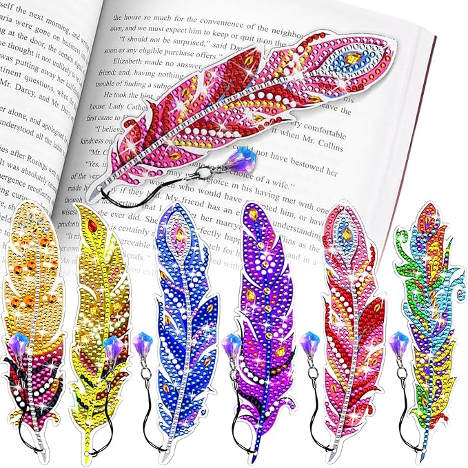 Diamond Art Bookmarks, 6 Pcs Cute Diamond Art Bookmarks for Book Lovers, DIY Feather Bookmark Diamond Art Kits for Kids