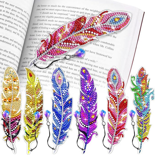Diamond Art Bookmarks, 6 Pcs Cute Diamond Art Bookmarks for Book Lovers, DIY Feather Bookmark Diamond Art Kits for Kids