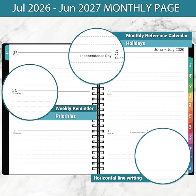 Planner 2026-2027 - Academic Planner 2026-2027, July 2026 - June 2027, 6.3" x 8.4", 26-27 Planner Weekly and Monthly, Colorful Tabs, PP Cover, A5 Thick Paper, Twin-Wire Binding - Black