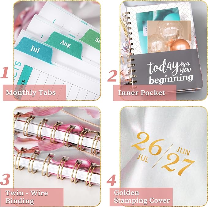 Bushypushy Planner 2026-2027 - Acdemic Planner 2026-2027 with Tabs, Jul. 2026 - Jun. 2027, 26-27 Calendar planner, Weekly and Monthly planner, 6.3" x 8.4", Back Pocket + Thick Paper - Pink Flower