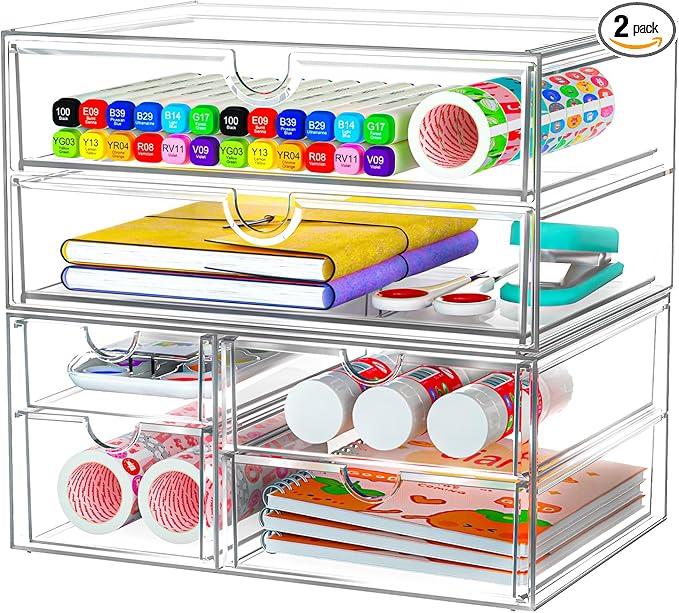 ARSTPEOE Acrylic Organizer with 6 Drawers, Bathroom Counter Organizer, Makeup Desk Organizers, Office Supplies, Storage Drawers for Cosmetic, Pencil, Coffee