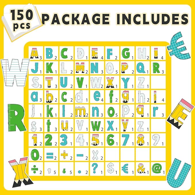 150Pcs Bulletin Board Letters Back to School Classroom Decor Pencil Lined Ruler Checked Alphabet Combo Set Alphabets Numbers Symbols Paper Cutouts for School Classroom Blackboard Decoration Supplies
