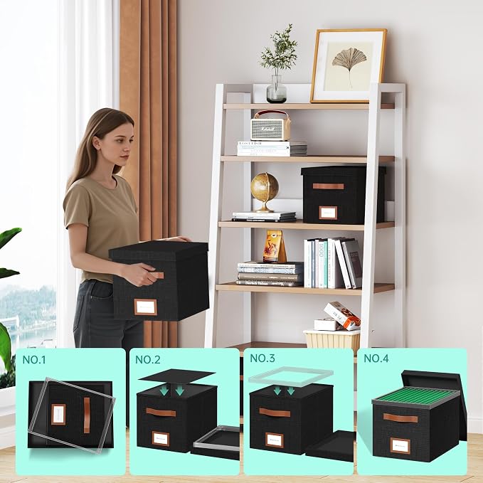 File Organizer Box with Lid File Box for Hanging Decorative File Organizer with One-Piece Integrated Plastic Slide Rail (Black, 13.2x10.1x10.1inch(3pack))