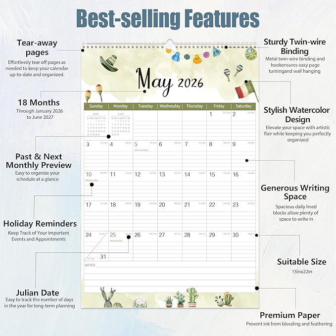 GuassLee Large Wall Calendar 2026-2027, 22"x15" Vertical Wall Calendar 2026, Jan. 2026 to Jun. 2027, 18-Month Paper Hanging Planner Wall with Julian Date for Office Home Planning & Organizing