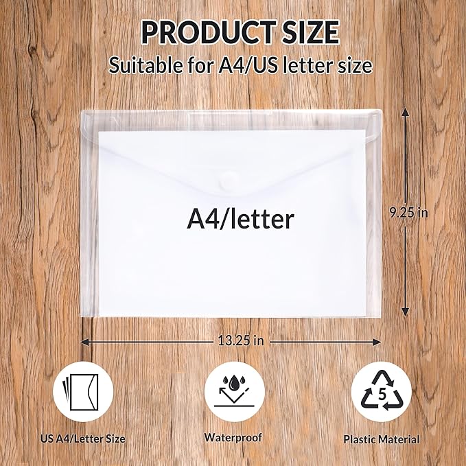 SUNEE 12 Pack Plastic Envelopes, Clear Folders for Document for A4 Letter Size, Poly File Folders with Label Pockets for School Home Office Organizer Work Supplies