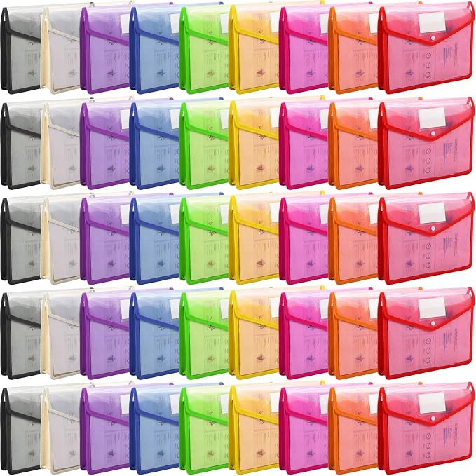 Handepo 50 PCS Plastic Expanding File Folder Bulk - A4 Size Colorful Transparent Large-Capacity Portable Documents Envelopes with Snap Closure for Office, Business, School Supplies - No Dividers