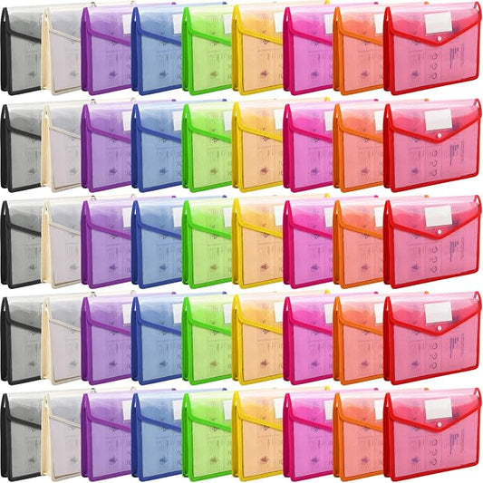 Handepo 50 PCS Plastic Expanding File Folder Bulk - A4 Size Colorful Transparent Large-Capacity Portable Documents Envelopes with Snap Closure for Office, Business, School Supplies - No Dividers
