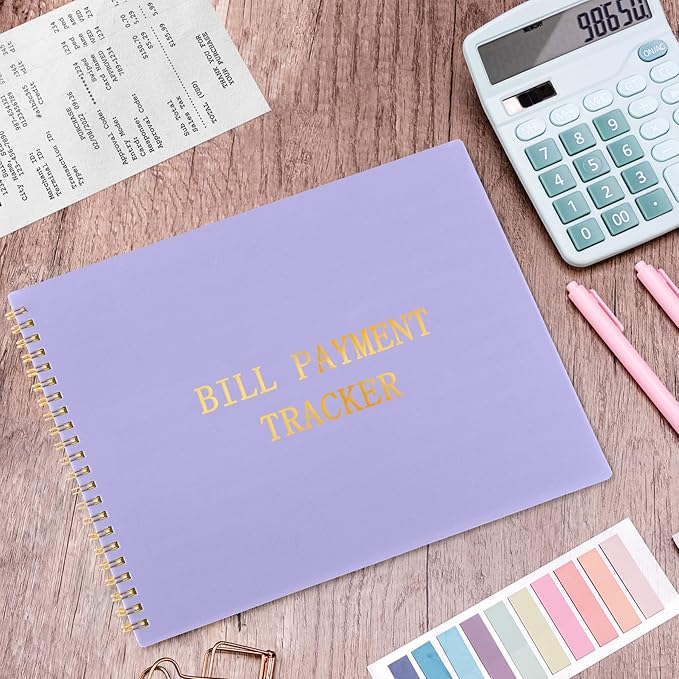 HAUTOCO Bill Tracker Notebook Monthly Bill Payment Tracker for Personal Budgeting Home Financial with 2 Storage Pocket, Payments Checklist Organizer Bill Planner 10.1 x 7.8'', Purple