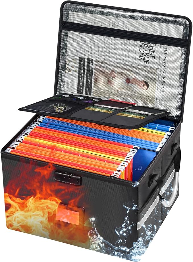 6200°F Upgraded Fireproof Document Box with 10-Layer Heat Decay Structure for Letter Legal Folders Home Office and Business Travel, 60L Portable Organizer with 3 Rails and Lock