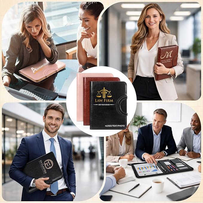 ENOMY Personalized Padfolio with Handle & Zipper Custom Portfolio with Logo/Text/Photo Durable Leather Portfolio for Men & Women Work Interviews Office Gifts (Pink)