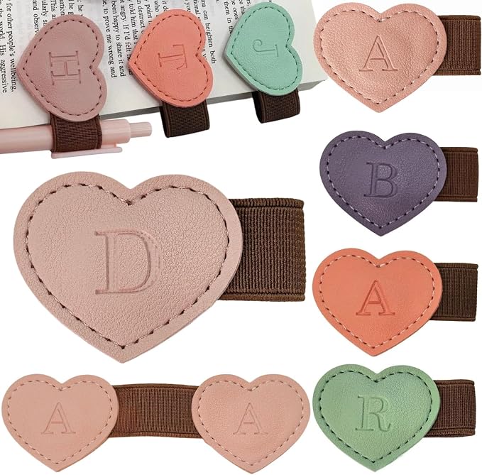 Personalized Magnetic Leather Heart Bookmark with Pen Holder - 26 Letters Custom Book Mark Notebook Pencil Loop with Initial Book Marker for Readers, Book Lovers- Gifts for Women Men(Pink,D)