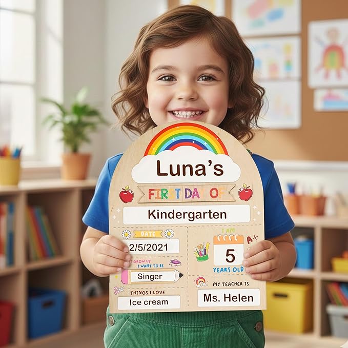 12"x10" Back to School Sign, My First & Last Day of School Board for Kids, Reusable Back to Class Wooden Chalkboard for Preschool, Pre-K, and Kindergarten, Easy to Write & Clean Board
