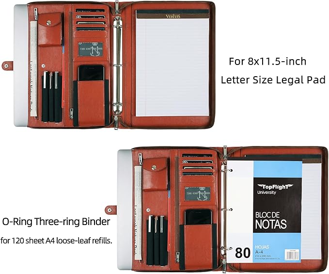 Brown Leather Padfolio for Women/Men, Business Leather Binder 3 Ring Portfolio, Personalized Leather Portfolio Binder, Zippered Portfolio Organizer for A4 Notepad & 13-inch Laptop/Tablet