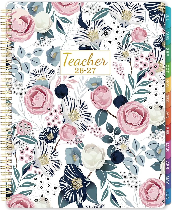 Teacher Planner 2026-2027 - 2026-2027 Weekly & Monthly Lesson Plan Book with Colorful Tabs, July 2026 - June 2027, 8.3" x 11", Academic Planner 2026-2027 with Twin-Wire Binding and Quotes for Teachers - Petunia