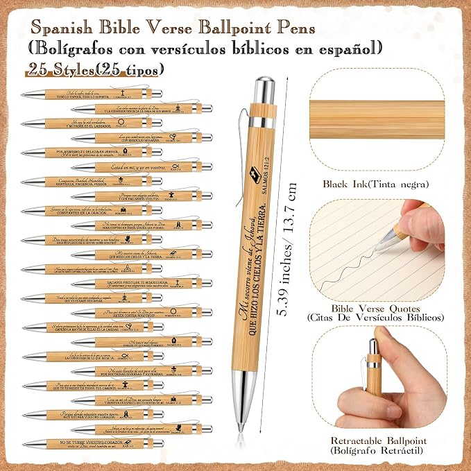 Feifeiya 25 Sets Father's Day Christian Gift Bulk Bible Verse Bamboo Pen Religious Silicone Keychain Scripture Bookmark Emergency Numbers Church Gift for Coworker Women Men(Classic Color,Spanish)