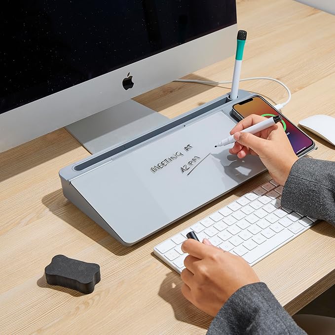 GAROOD Desktop Dry Erase Board with Storage Grey Color Desk White Board Desk Board Glass Desktop White Board with Stand Home Office Organizer Phone Holder 15.8X7X2 inches