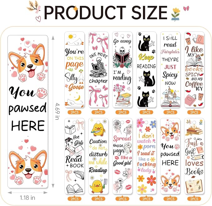 AFRITEE Blank Acrylic Bookmark Stickers - 24 Pcs Funny Theme Black Cat UV DTF Bookmark Sticker Gifts for Women Book Lovers, Cute Duck Bow Double-Sided Sticker DIY Blank Placeholder Creative Decoration