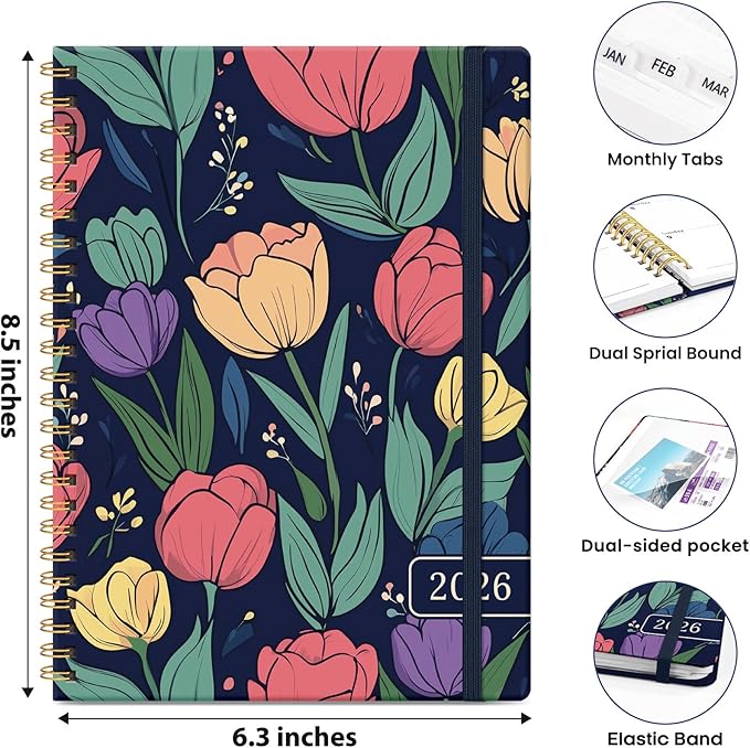 2026 Planner, Weekly and Monthly Planner for Women, January 2026 - December 2026, Hardcover 2026 Calendar Planner Book with Tabs, Inner Pocket, Spiral Bound, Perfect for Office Home School Supplies - A5 (6.3" x 8.5"), Colorful Tulips