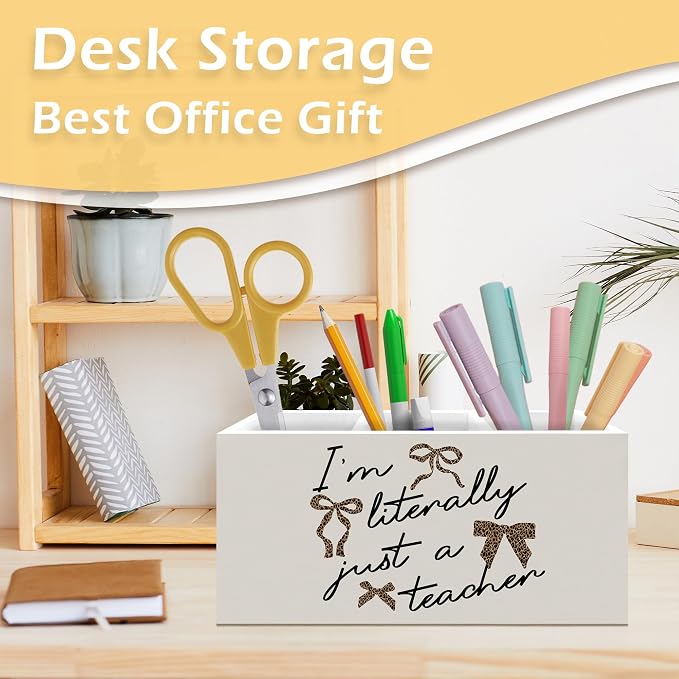Trendy Leopard Bow Teacher Pen Pencil Holder, Teachers Gifts for Women, Teacher Appreciation Gifts Wooden Pen Pencil Organizer for Office Workplace Classroom Desk Decor