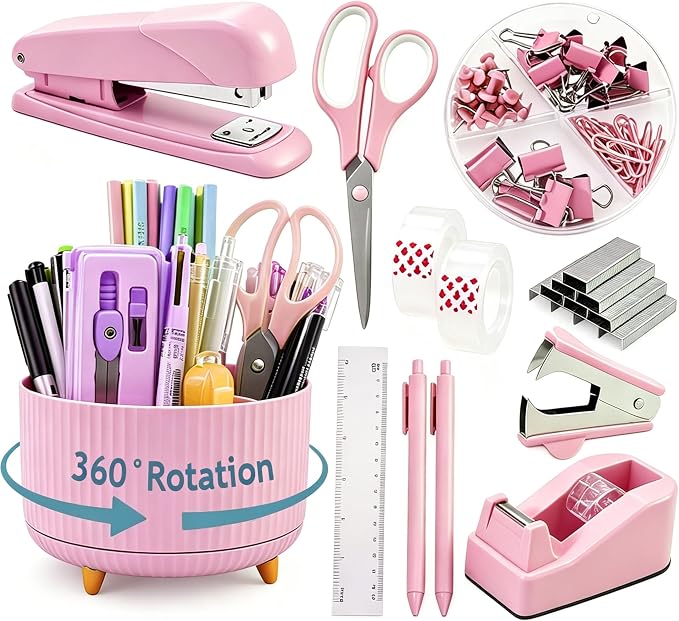 Gawsey Pink Desk Organizers and Accessories with Desk Organizer 360° Rotating Pen Holder and Office Supplies, Cute Stationery Supplies Set