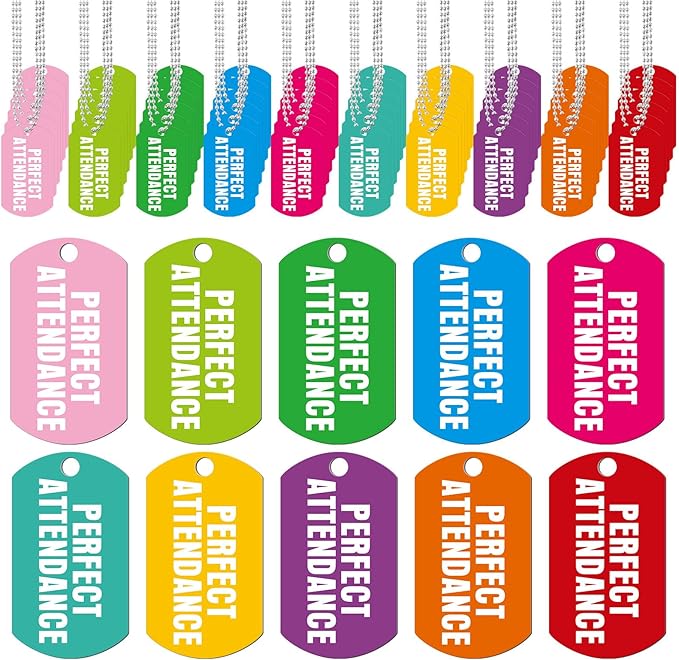 30 Sets Perfect Attendance Dog Tag Necklaces with Chains Student Incentives Acrylic Award Bulk Recognition Tag Education Rewards Prizes for School Classroom Teacher Supplies
