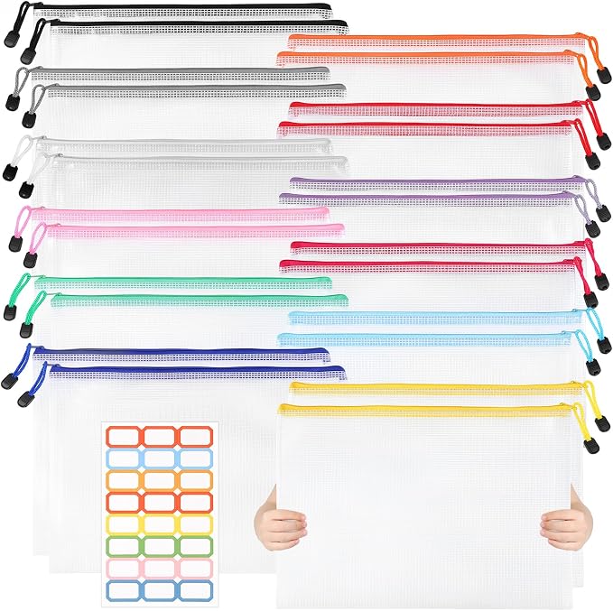 Thboxes 24 Pack Mesh Zipper Pouch Bags, A3 17x12 Inches Large Mesh Bag with Sticky Labels - 12 Colors Waterproof Zipper Bags for Classroom, Board Game, Puzzle, Office Files, Travel and Home Storage